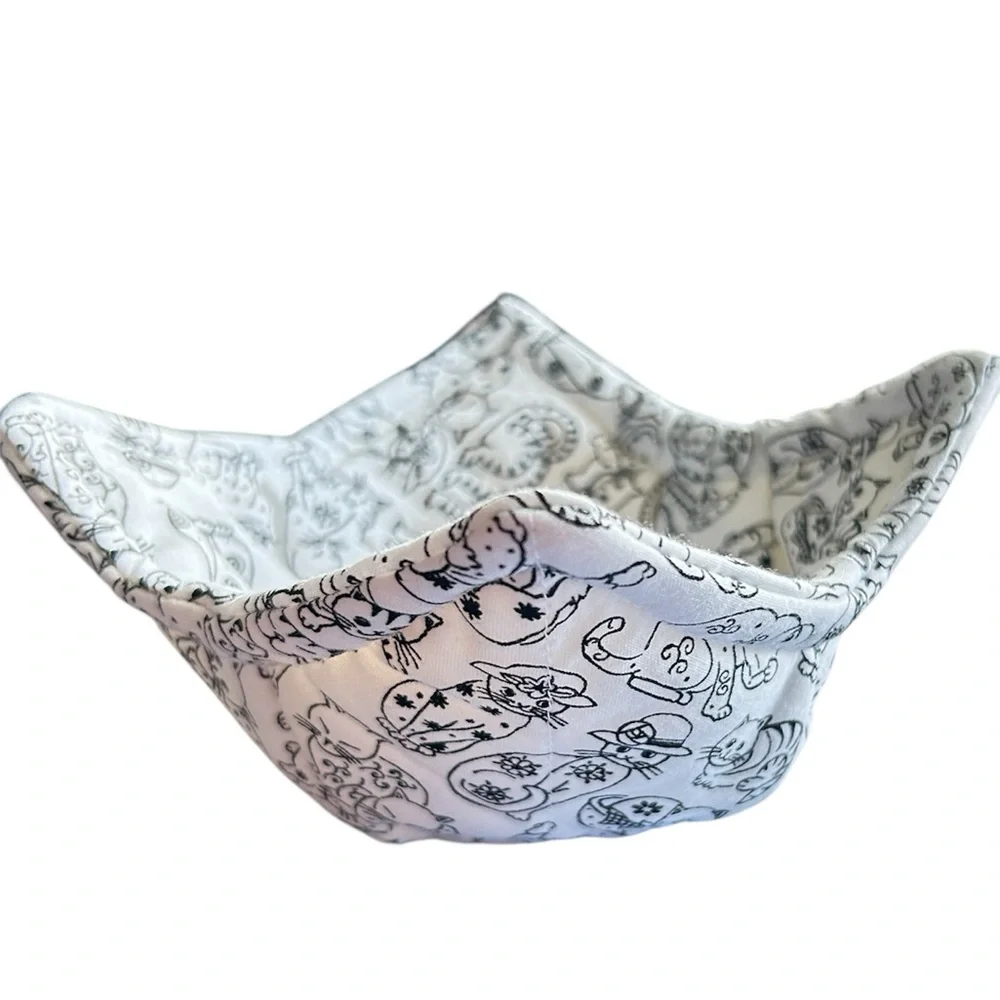 Hand Crafted Trinket Bowl Basket Black and White Cat Print Storage Bin